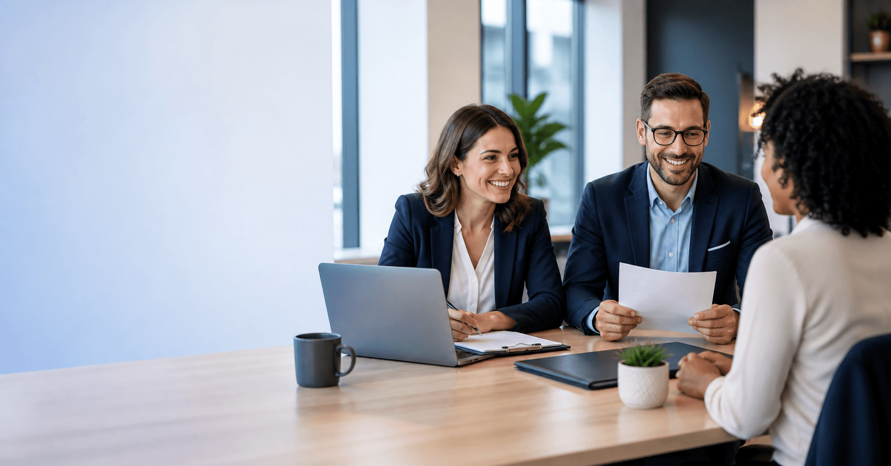 Recruitment consultants interviewing a candidate in a modern office