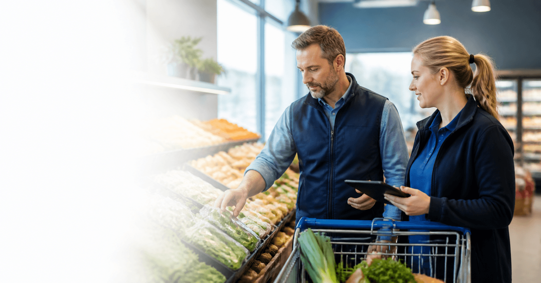 Retail managers reviewing grocery stock in a modern supermarket