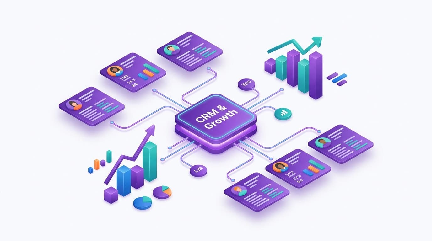 Isometric CRM hub connecting client profile cards, growth charts and pipeline data points