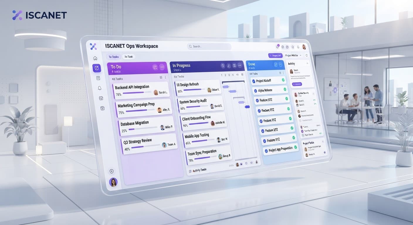 ISCANET Ops Workspace dashboard floating in a bright modern office