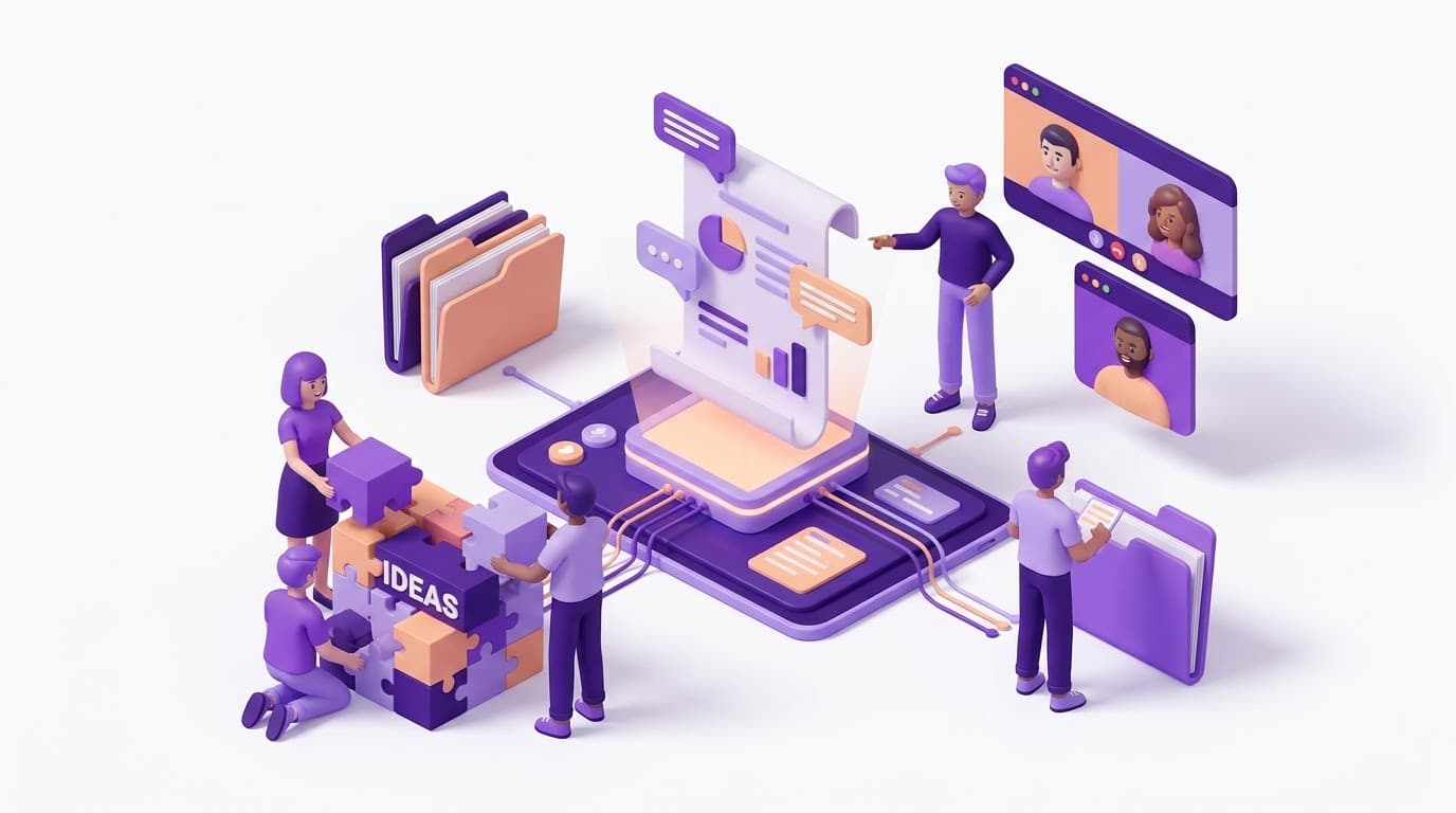 3D characters collaborating around shared documents, video calls and file folders