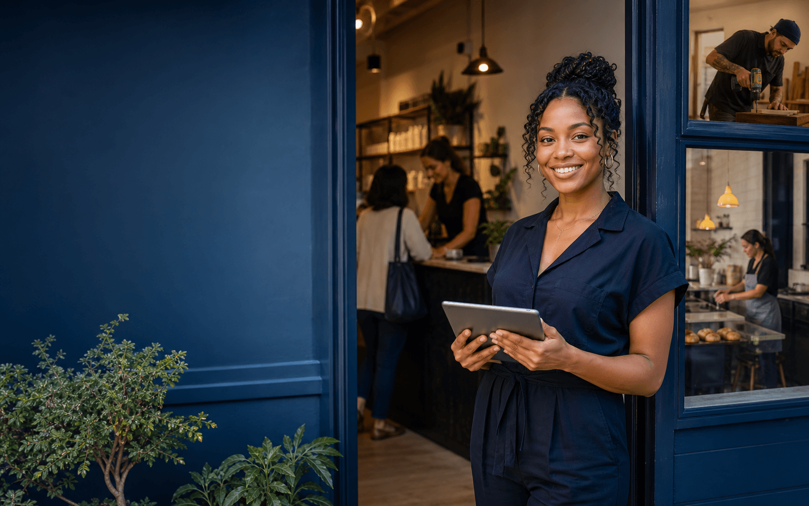A local business owner welcoming customers to her modern studio