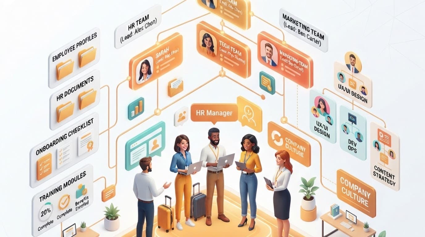 New employees being onboarded into an organisation structure with profile cards and HR documents