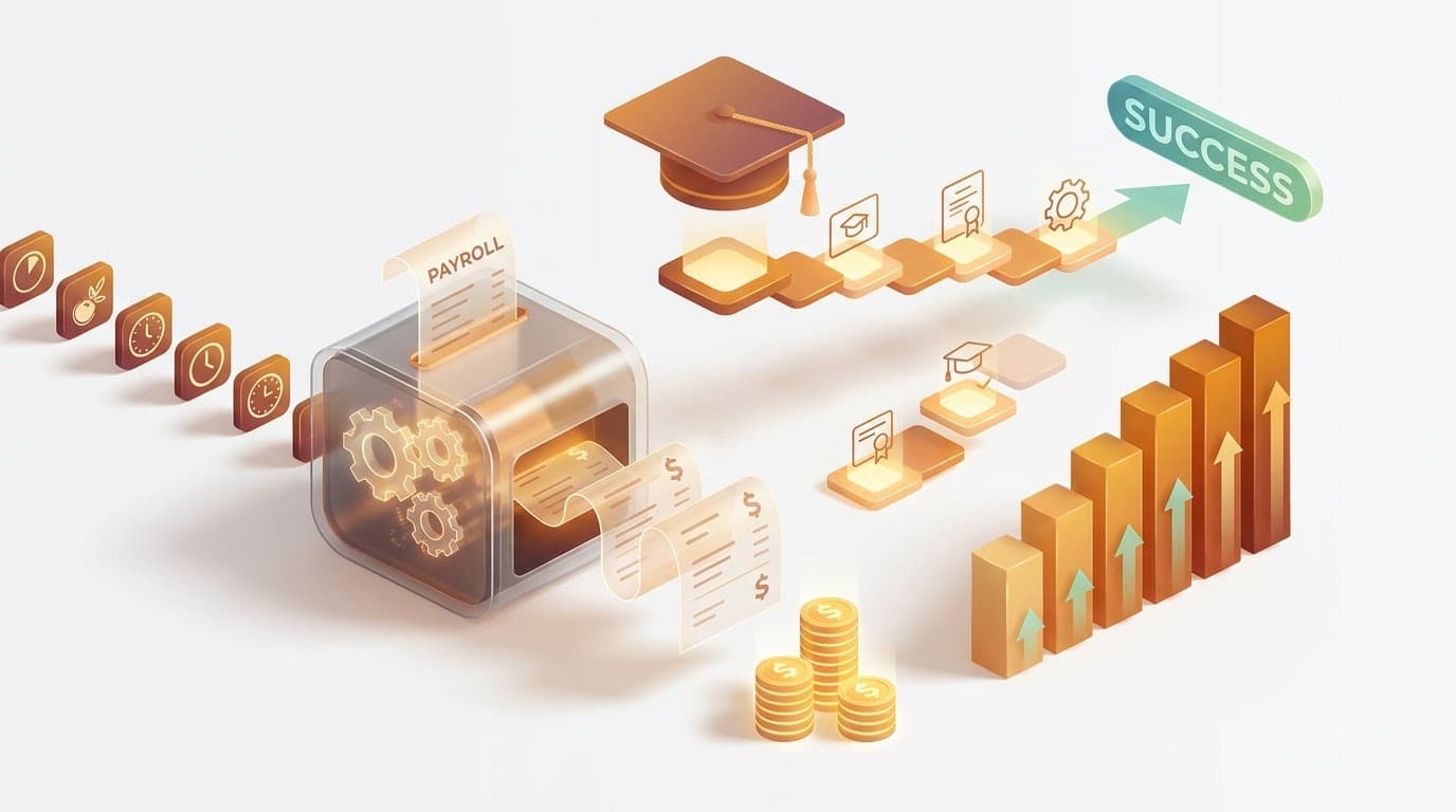 Payroll machine turning tracked hours into payslips beside a performance chart and learning path